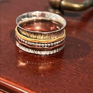 Paz Creations Silver and Gold Stacked Spinner Anxiety Ring. Size 9